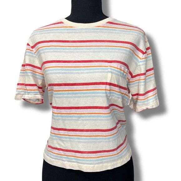 Billabong Striped Crop T-Shirt Top with Pocket Size Small - Picture 1 of 7